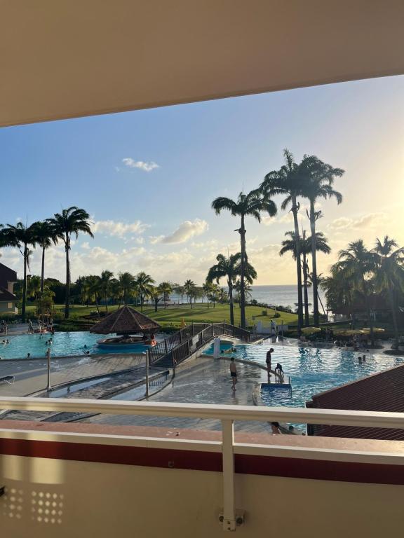 a view of a swimming pool with palm trees at Hibiscus 972 in Sainte-Luce