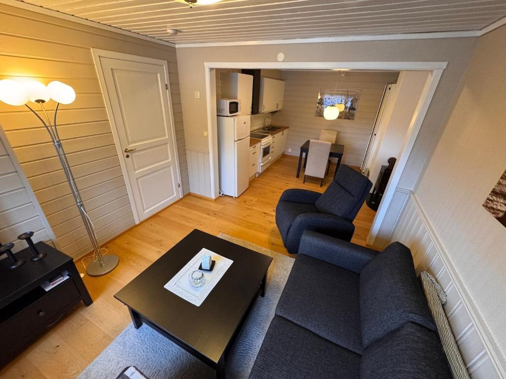 a living room with a couch and chairs and a table at 2 roms kjellerleilighet med separat soverom in Luster