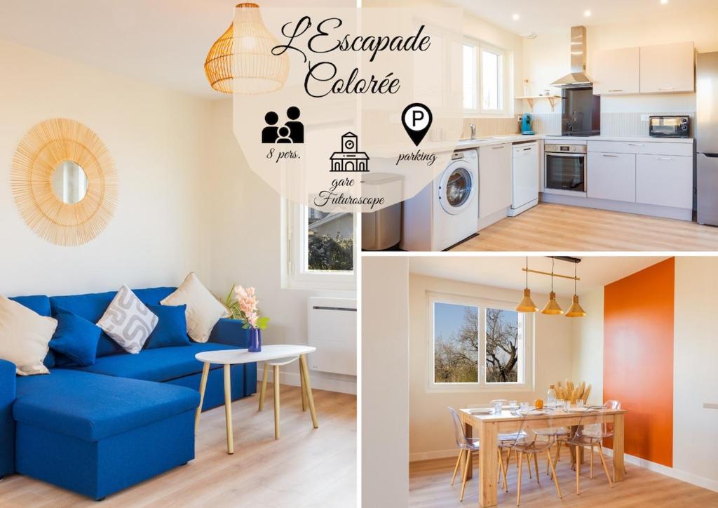 Il comprend une cuisine et un salon avec un canapé bleu. dans l'établissement L'escapade colorée - gare - Futuroscope - parking, à Poitiers