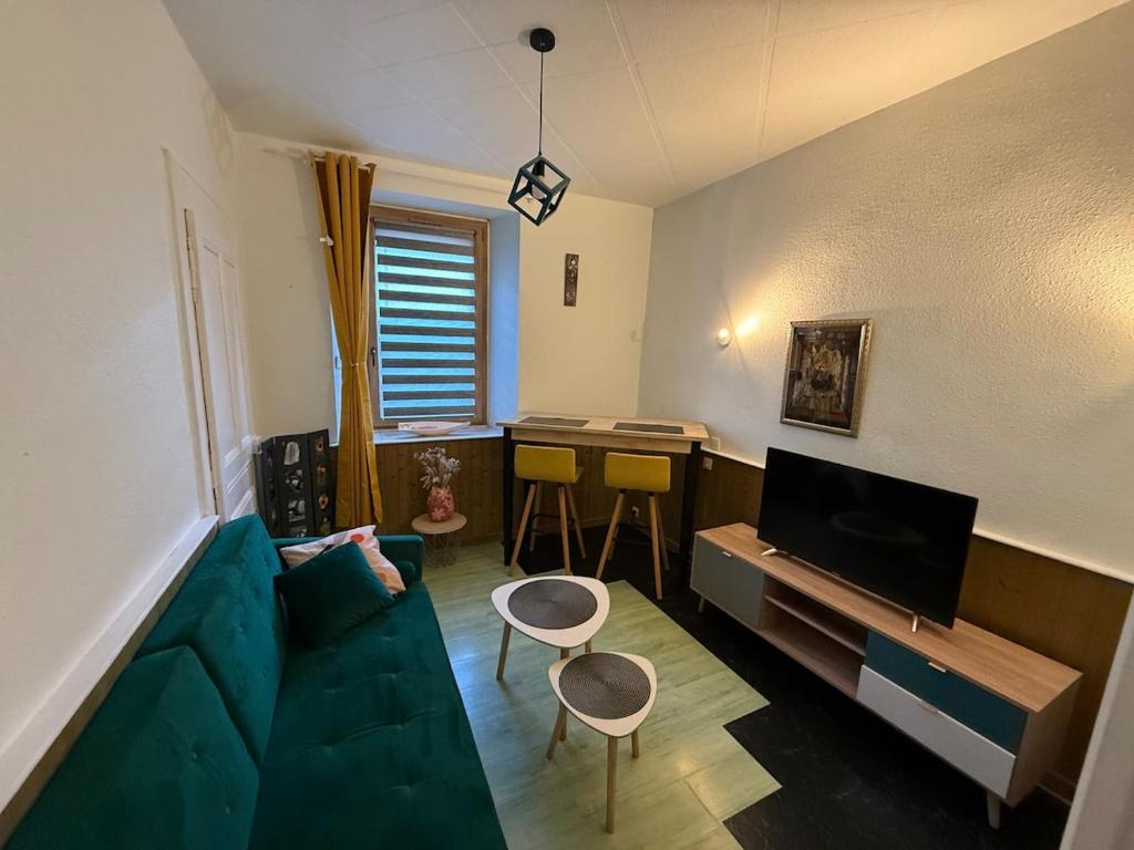 un salon avec un canapé bleu et une télévision dans l'établissement Appartement moderne avec jardin, quartier calme, à Saint-Claude