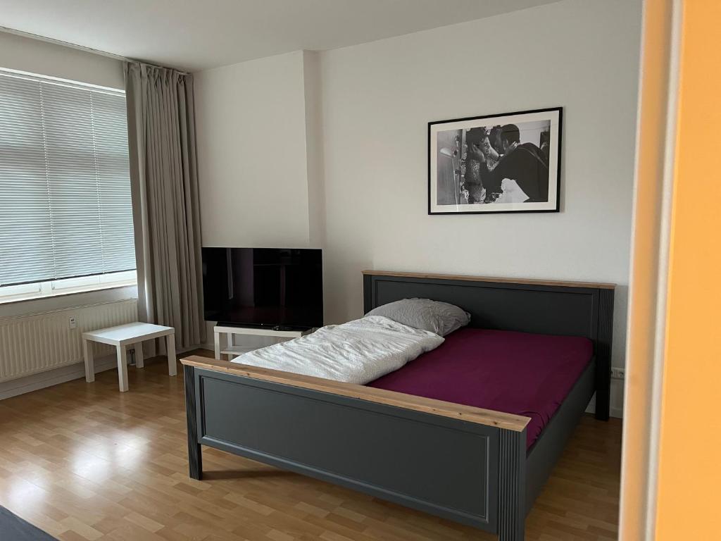 德累斯顿Ferienwohnung für kleine und große Reisegruppe的一间卧室，里面有一张床和一台平板电视