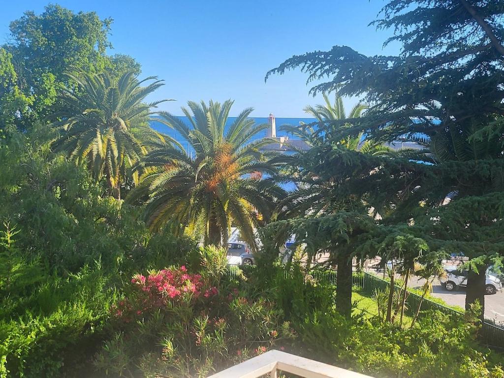 une vue sur un parc avec des palmiers et l'océan dans l'établissement free parking! great central apartment with sea view, à Nice