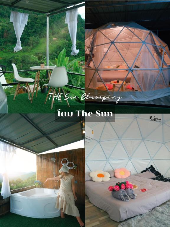 a collage of three pictures of a tent at เดอะซัน แกลมปิ้ง in Ban Mae Na