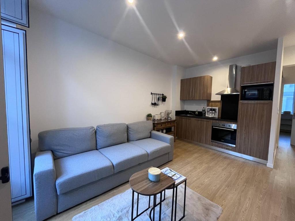 un salon avec un canapé bleu et une cuisine dans l'établissement Appartement neuf pour 4 personnes au centre de Cauterets - FR-1-812-131, à Cauterets