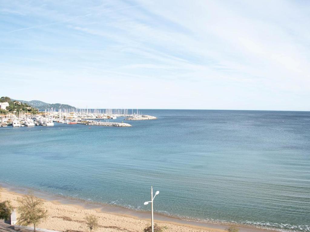 - une vue sur une plage dotée d'une éolienne dans l'établissement Le Lavandou, T2 pour 4, vue mer, terrasse, parking - FR-1-803-82, au Lavandou