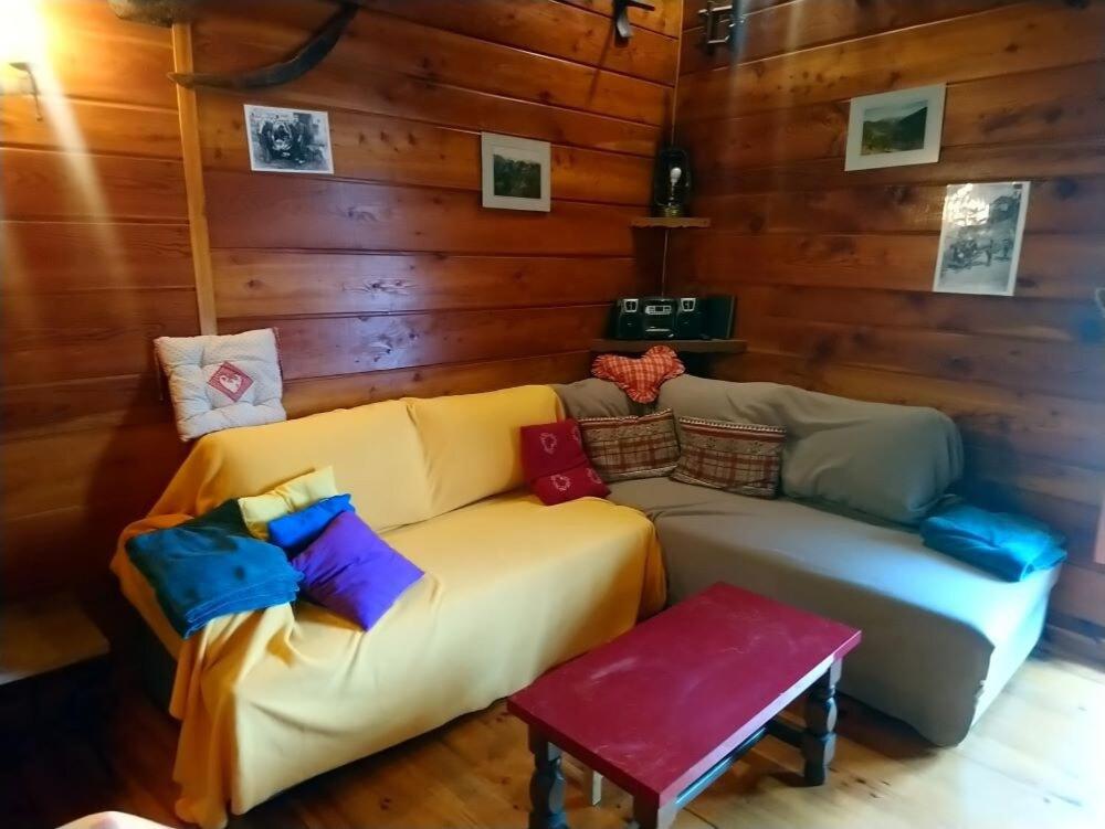 un salon avec un canapé et une table dans l'établissement Maison de montagne chez Baptiste, à Ascou