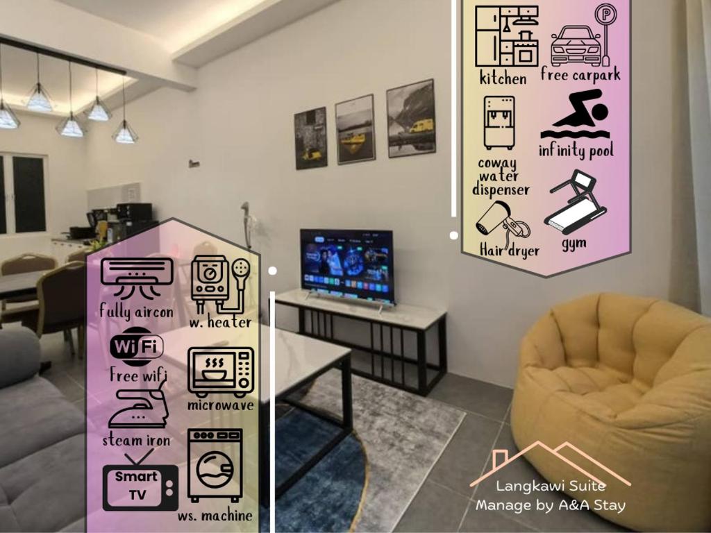 a room with a couch and a desk with a computer at Langkawi Simfoni Luxury Suite 03 in Kuah