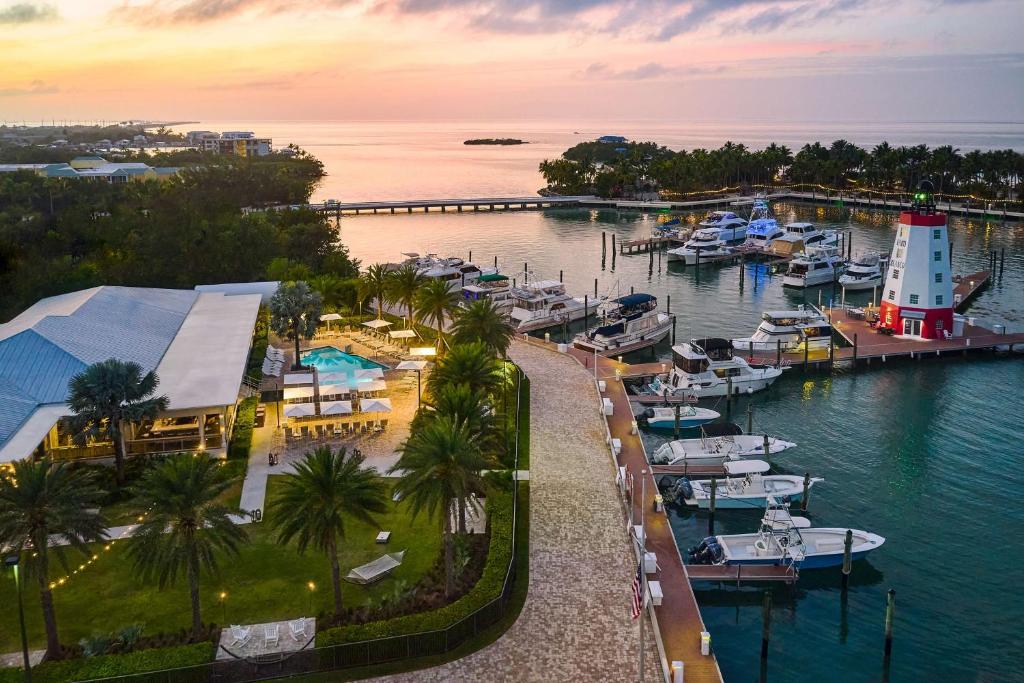 an aerial view of a marina with boats in the water at Faro Blanco Resort & Yacht Club Marathon, Curio by Hilton in Marathon