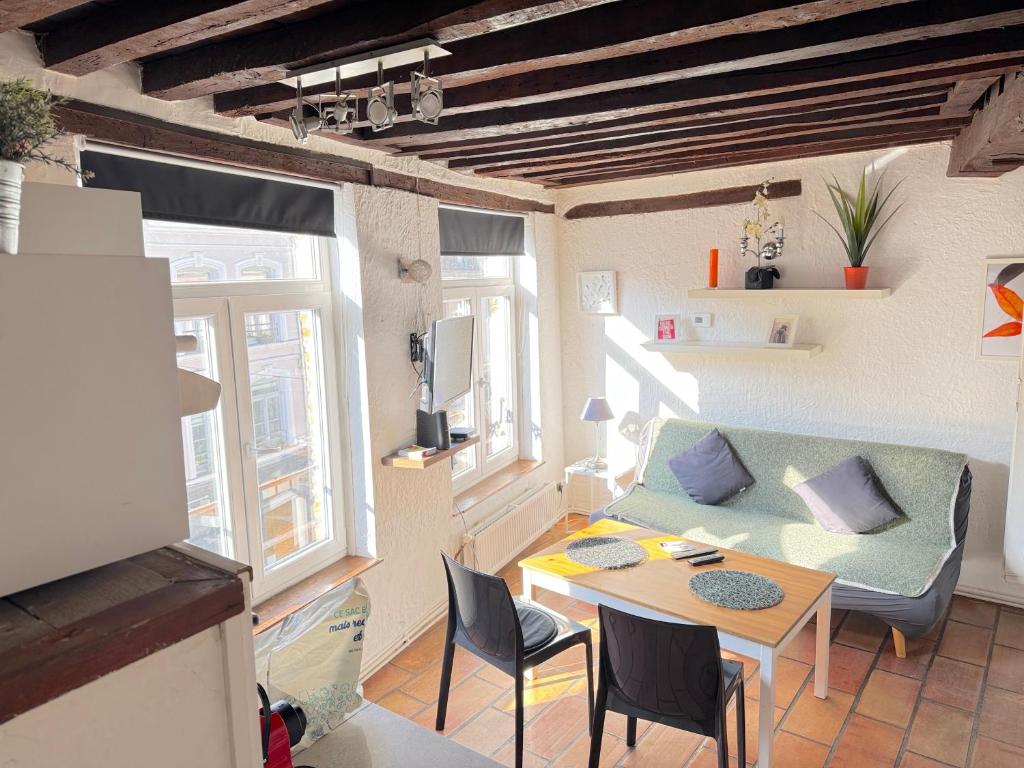 un salon avec un canapé et une table dans l'établissement CHARME VIEUX LILLE Apartment 1 chambre 24H24H Access, à Lille