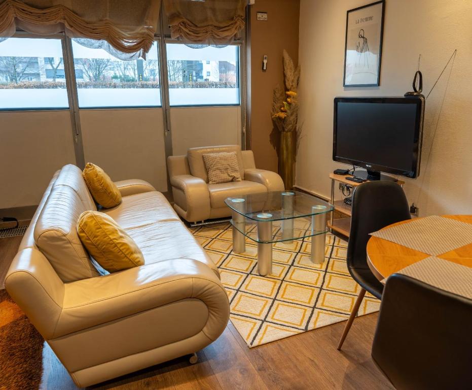 Una sala de estar con un sofá y un televisor. en Gasperius apartments, en Zagreb