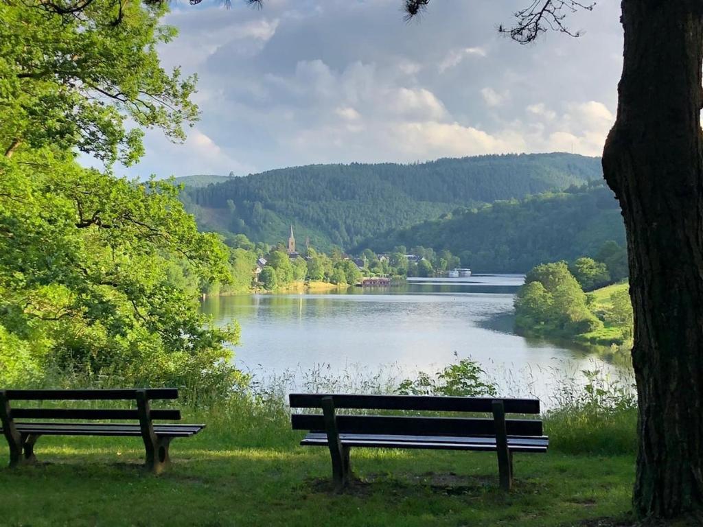 two park benches sitting in front of a lake at Urlaub in der Eifel direkt am Rursee - Seeblick in Simmerath