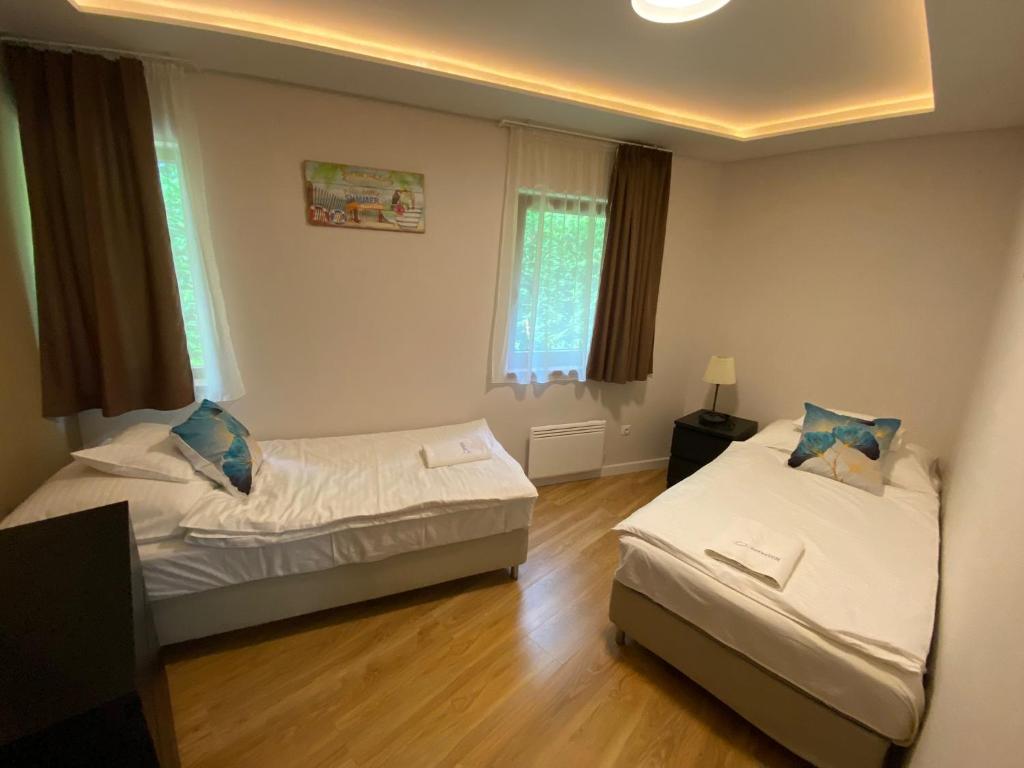 Un dormitorio con dos camas y una ventana. en Terrasun Apartments, en Balatonszárszó