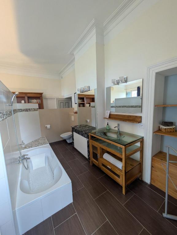a large bathroom with a tub and a sink at Château Sainte Colombe in Saint-Geniès-des-Mourgues