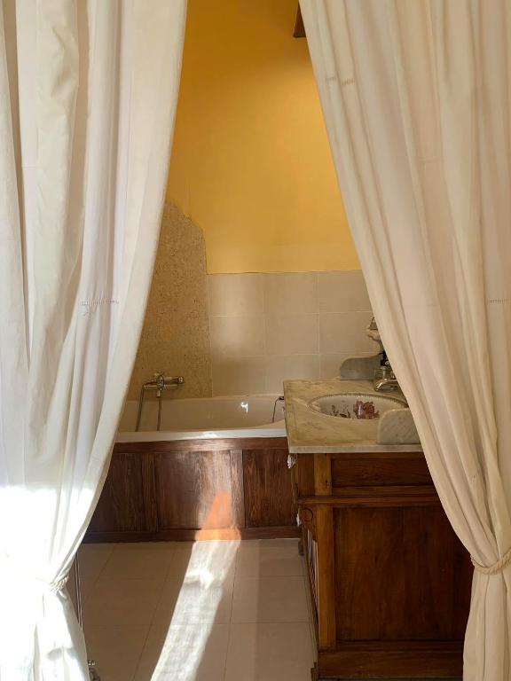 a bathroom with a tub and a shower curtain at Château Sainte Colombe in Saint-Geniès-des-Mourgues