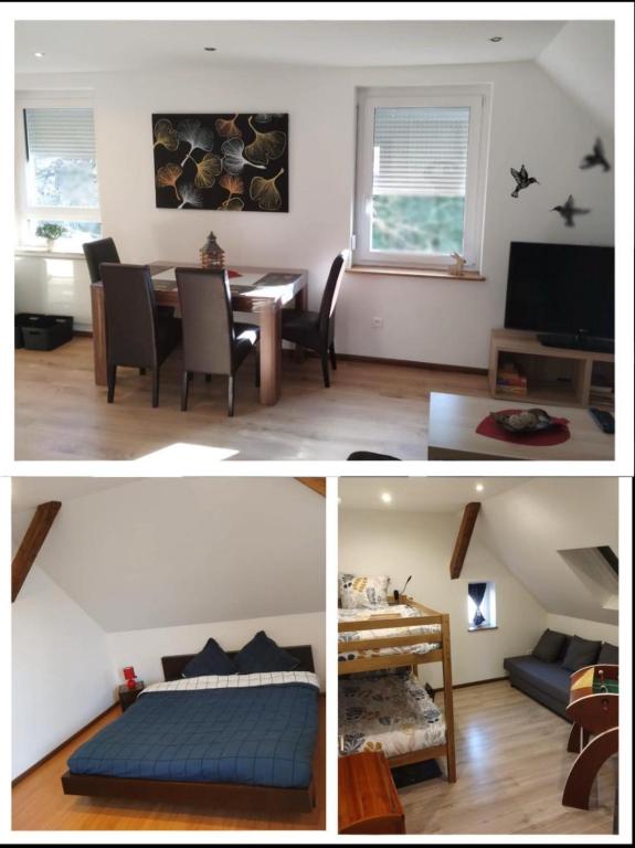 deux photos d'un salon et d'une salle à manger dans l'établissement Chez Sandra, à Dalhunden