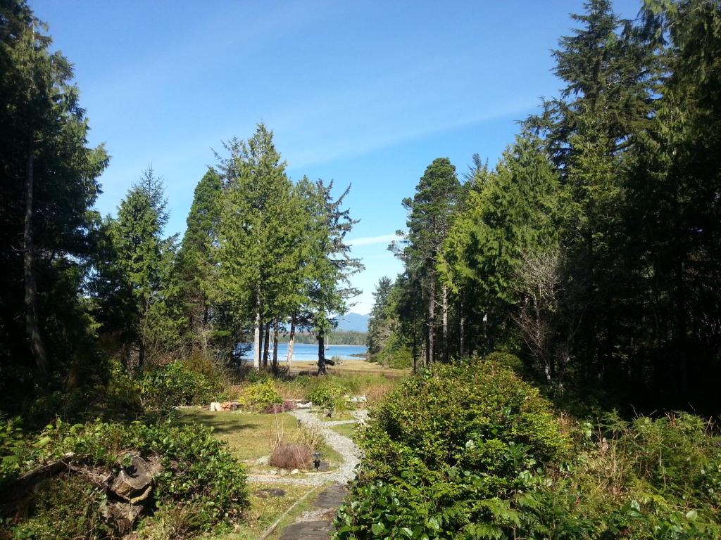 a path through the trees with a beach in the background at C&N Backpackers - Ucluelet in Ucluelet