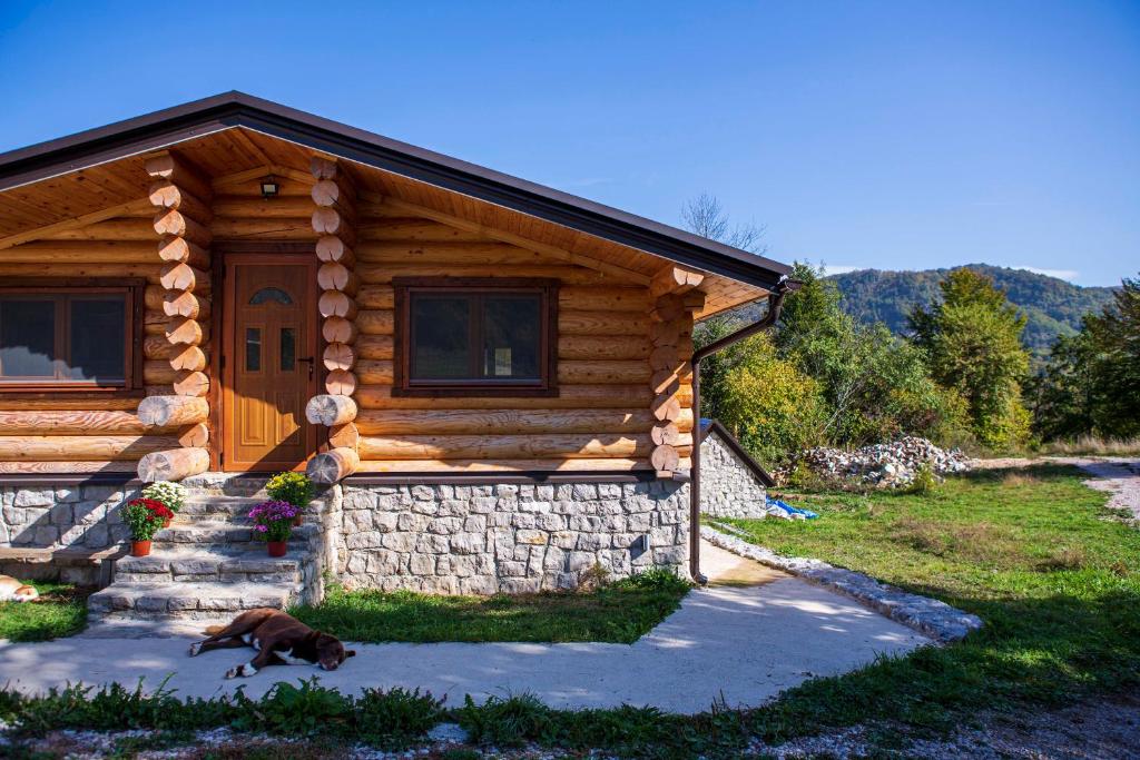 a dog laying in front of a log cabin at Vucje Brdo in Kolasin in Kolašin