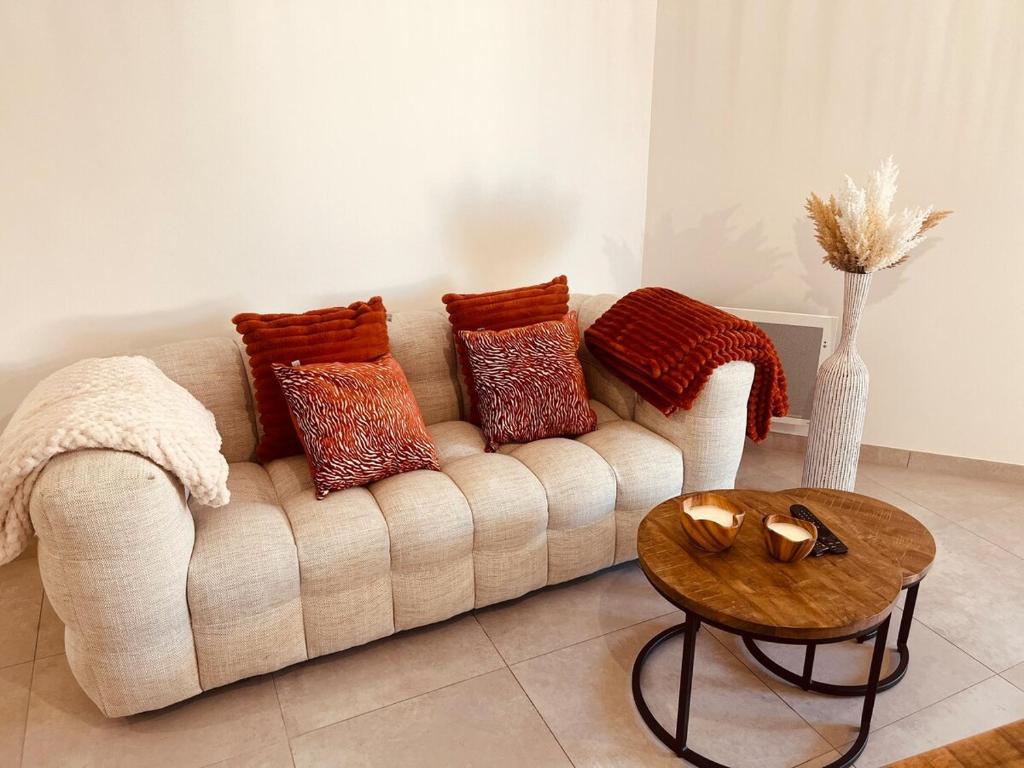 - un salon avec un canapé, des oreillers et une table dans l'établissement Le Perrault Elegance, à Montpellier