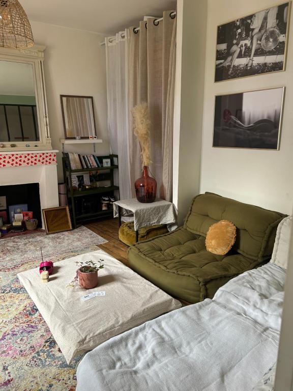 - un salon avec un canapé vert et une cheminée dans l'établissement Appt 2 pers - Hyper-centre de Nantes, à Nantes