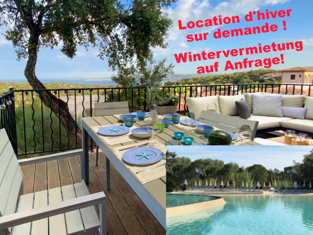 un collage de deux photos d'un patio avec piscine dans l'établissement Les Restanques du Golfe de Saint Tropez Außergewöhnlicher Meerblick TOP WLAN, à Grimaud