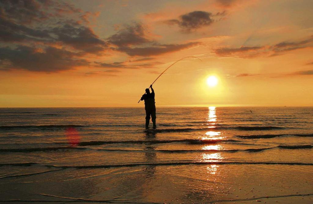 a man fishing on the beach at sunset at Vance Getaway in Blackpool