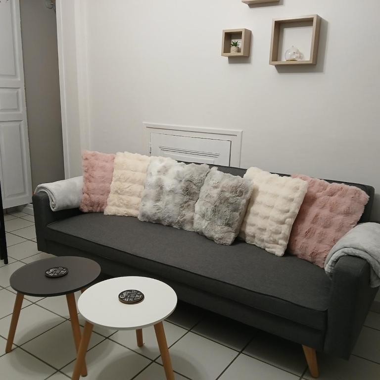 un canapé avec des coussins dessus dans un salon dans l'établissement joli T2, à La Bourboule