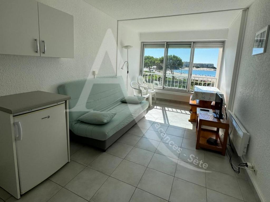 un salon avec un canapé et une vue sur l'océan dans l'établissement Studio vue mer avec parking, à Sète