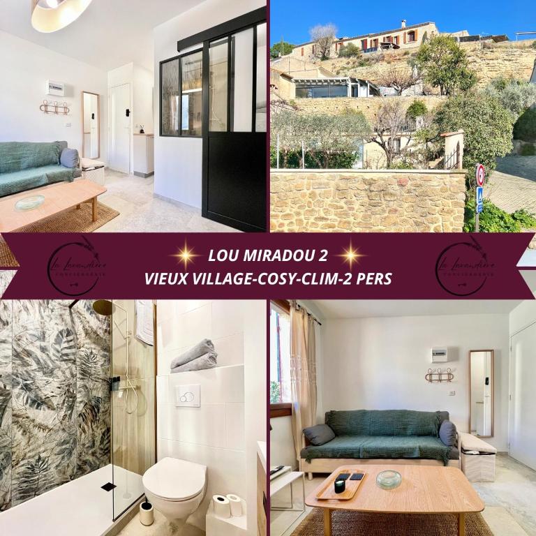 un collage de photos d'un salon et d'une maison dans l'établissement Lou Miradou 2 - Vieux village médiéval, Cosy, Clim, 2 personnes, à Miramas