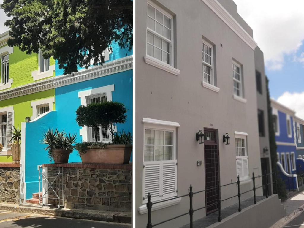 dos fotos de un edificio con casas coloridas en Purple House Accommodations, en Ciudad del Cabo