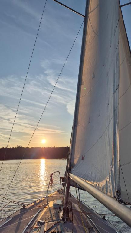 a sailboat on the water at sunset at Orlická přehrada Chata Malá in Kožlí u Orlíka