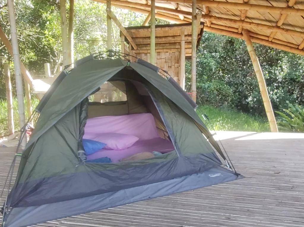 Glamping Reserva Natural Amalaka في Totoró: خيمة خضراء فيها سرير على سطح السفينة