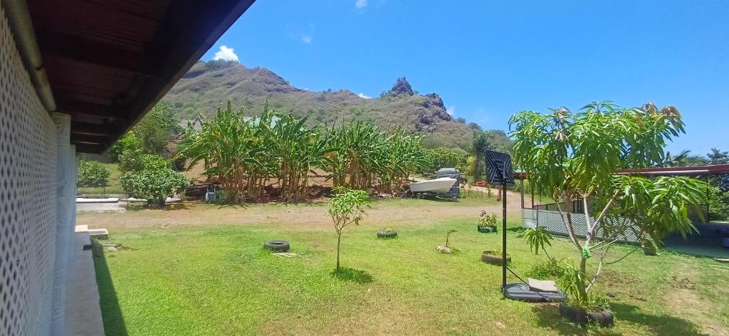 a view of a yard with trees and a mountain at Pitake Lodge 2 in Nuku Hiva