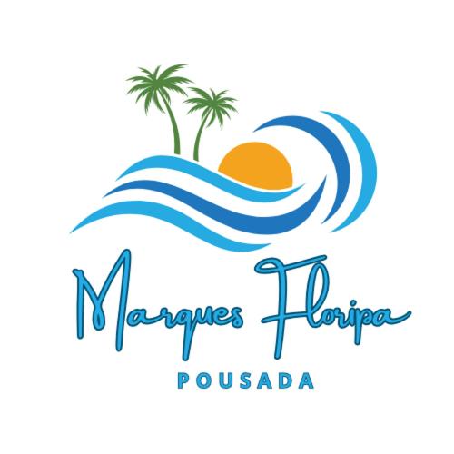 弗洛里亚诺波利斯Pousada Marques Floripa的度假村的标志，图案为波浪和棕榈树