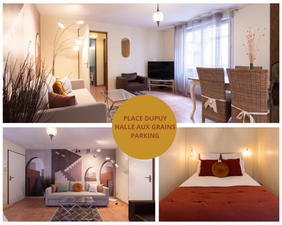 un collage de photos d'un salon et d'une chambre dans l'établissement Le Halle Aux Grains - Parking - Emplacement idéal, à Toulouse