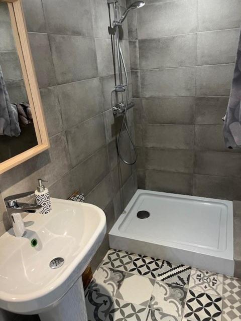 une petite salle de bain avec un lavabo et une douche dans l'établissement Un petit cottage en Provence, à Maillane