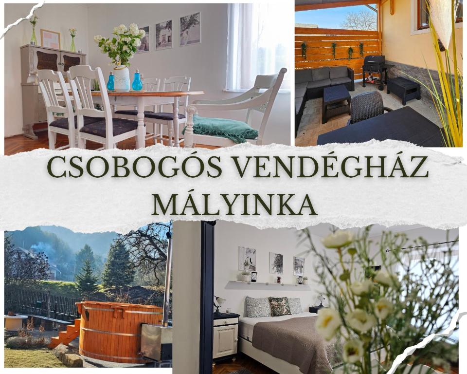 a collage of photos of a living room and dining room at Csobogós Vendégház Mályinka in Mályinka