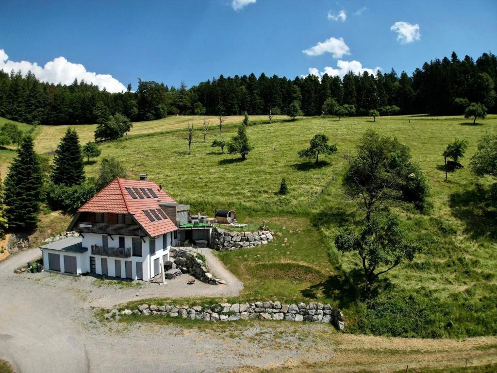 una vista aérea de una casa en un campo en Haus Mit Whirlpool, Sauna Und Schwarzwaldblick, en Hausach