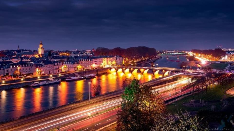 a city at night with a bridge and a river at Appartment Doutre Terrasse- 2ch in Angers