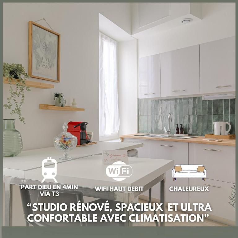 une cuisine avec des placards blancs et un comptoir blanc dans l'établissement Le Dauphiné studio climatisé, à Lyon