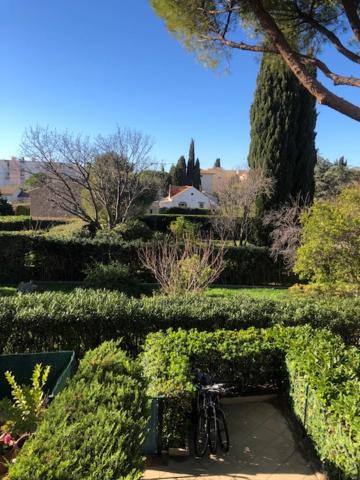 un jardin avec un étang au milieu dans l'établissement Sanary-sur-mer superbe appartement au calme, à Sanary-sur-Mer