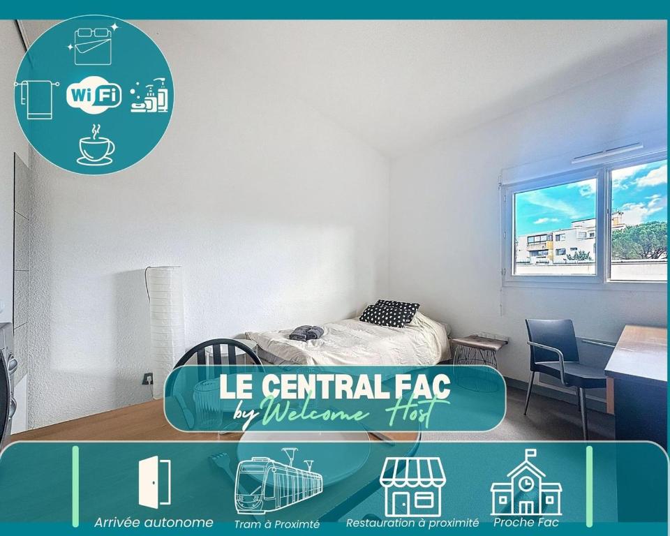 un panneau indiquant le central fa dans une chambre dans l'établissement Le Central FAC, Charmant studio à Montpellier, à Montpellier