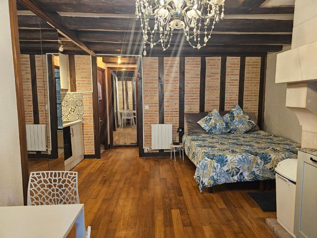 une chambre avec un lit et un lustre dans l'établissement Nid douillet dans vieux-Tours, à Tours