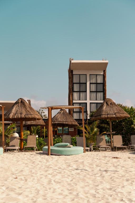 a beach with chairs and umbrellas and a building at Totem Beach Club - Celestun in Celestún