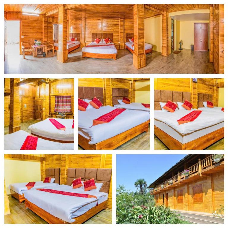 a collage of four pictures of beds in a room at Rose Farm Sa Pa in Sapa