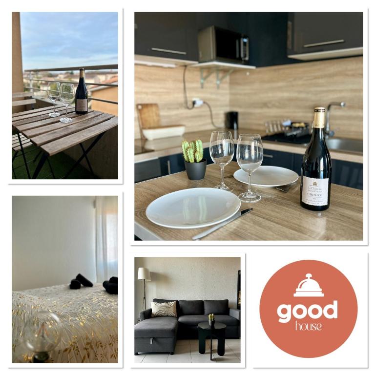 - un collage de photos avec une bouteille de vin et des verres à vin dans l'établissement LE JULA - APPARTEMENT T2 PROCHE CENTRE VILLE - Parking privé, à Albi