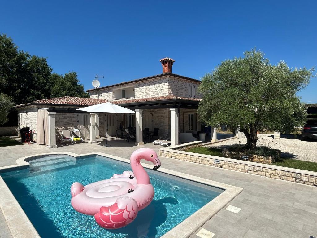 a pink inflatable swan in a pool in front of a house at Villa Mali Raj in Žikovići