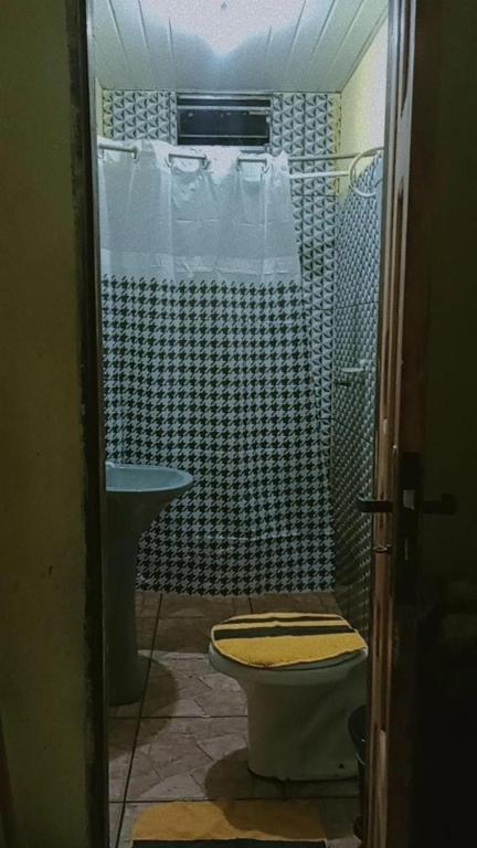 a bathroom with a shower with a toilet and a sink at Pousada kurasi alter in Alter do Chao