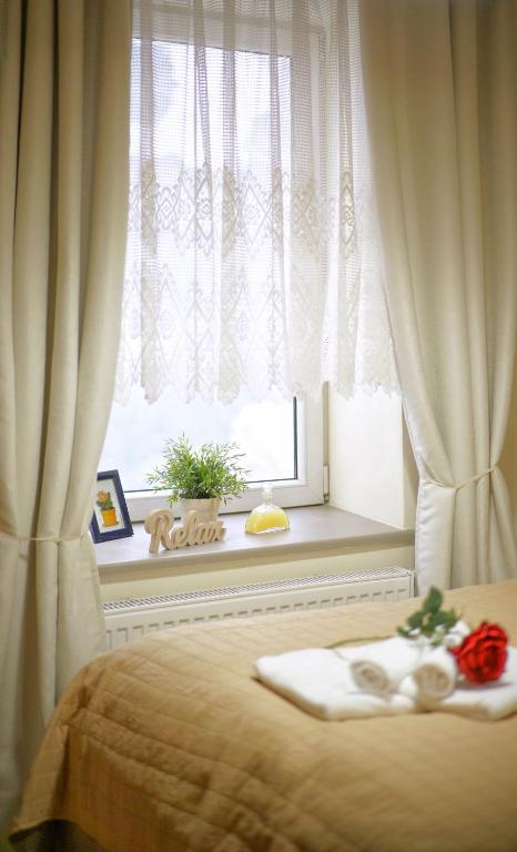 a bedroom with a bed and a window with curtains at Apartamenty Głowackiego in Sosnowiec