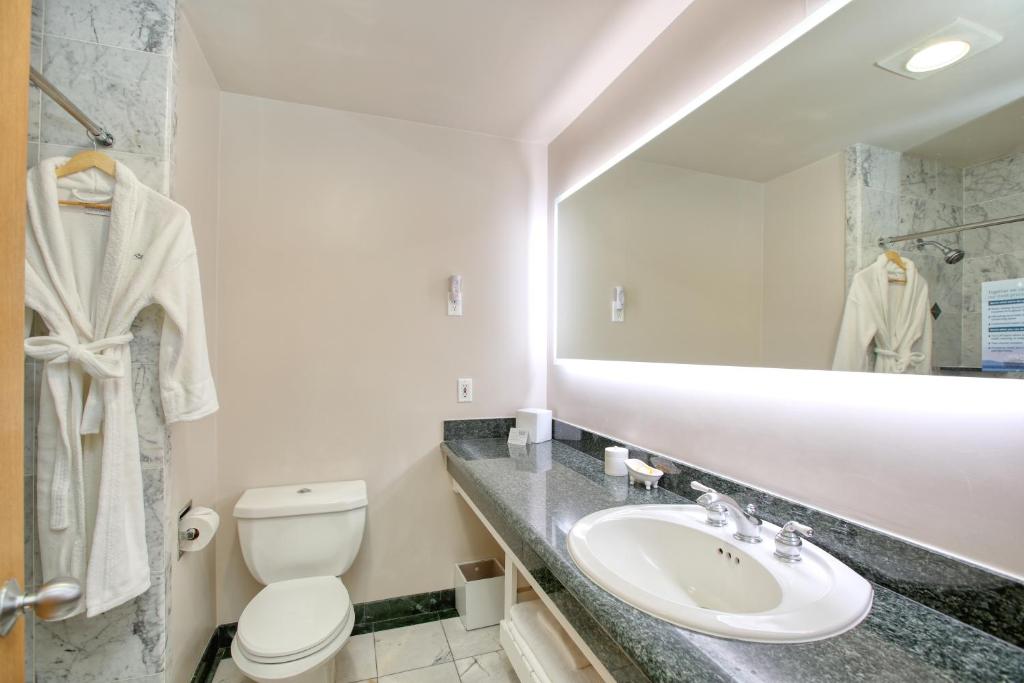 a bathroom with a sink and a toilet and a mirror at SeaVenture Beach Hotel in Pismo Beach