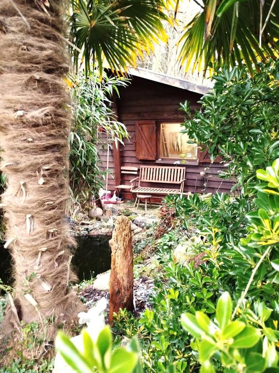 un jardin avec un banc devant une maison dans l'établissement Entre terre et Ocean, à Planguenoual